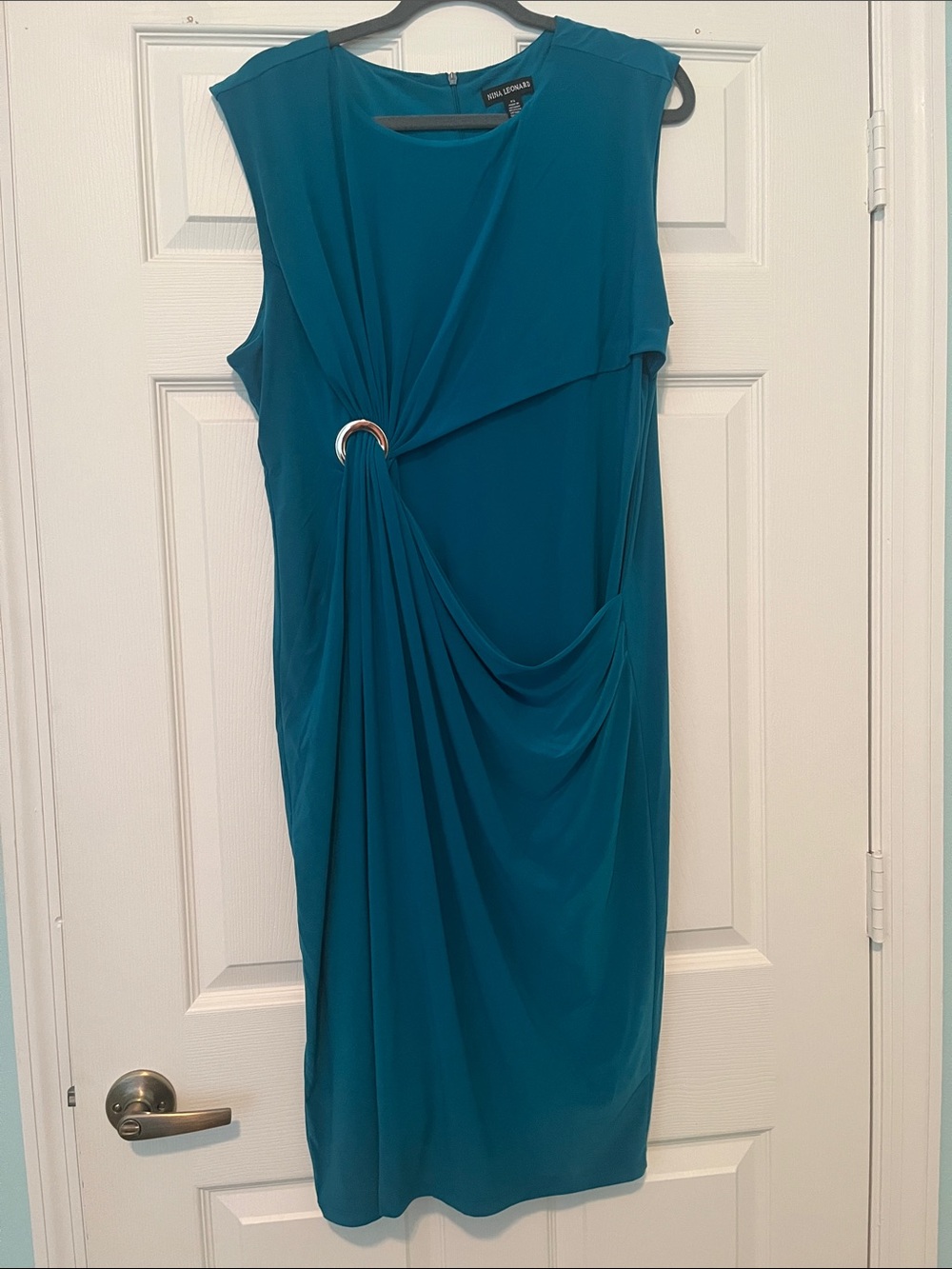 Nina Leonard Teal Ring-Detail Sleeveless Midi Dress